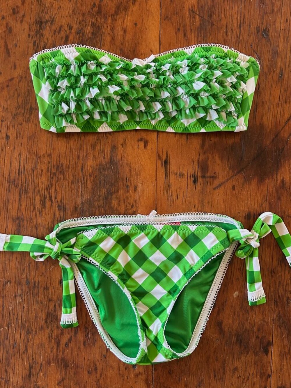 Vintage Betsey Johnson Green Gingham Strapless Halter Bikini Set